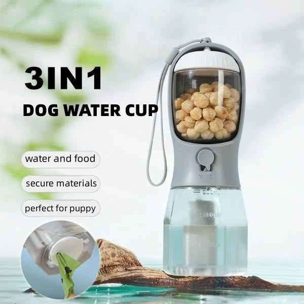 3-in-1 Portable Dog Water Bottle – Travel Feeder, Water Dispenser & Waste Bag Holder