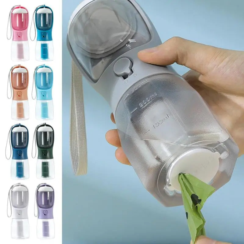 3-in-1 Portable Dog Water Bottle – Travel Feeder, Water Dispenser & Waste Bag Holder