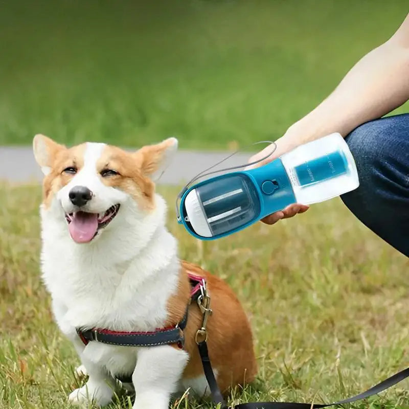3-in-1 Portable Dog Water Bottle – Travel Feeder, Water Dispenser & Waste Bag Holder