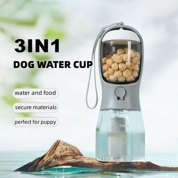 3-in-1 Portable Dog Water Bottle – Travel Feeder, Water Dispenser & Waste Bag Holder