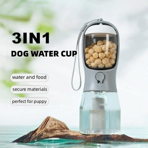 3-in-1 Portable Dog Water Bottle – Travel Feeder, Water Dispenser & Waste Bag Holder